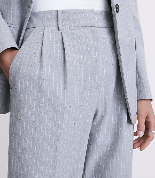 A person wears a grey pinstriped suit with shimmering accents against a plain white background.