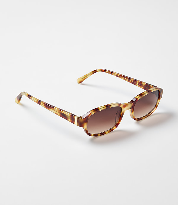Tortoiseshell sunglasses rest on a plain, white surface.