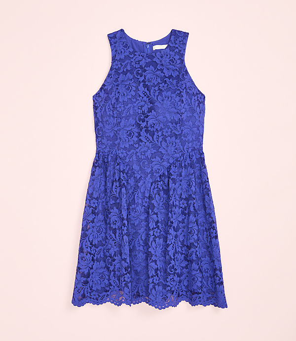 A royal blue lace dress is centered against a solid light pink background.