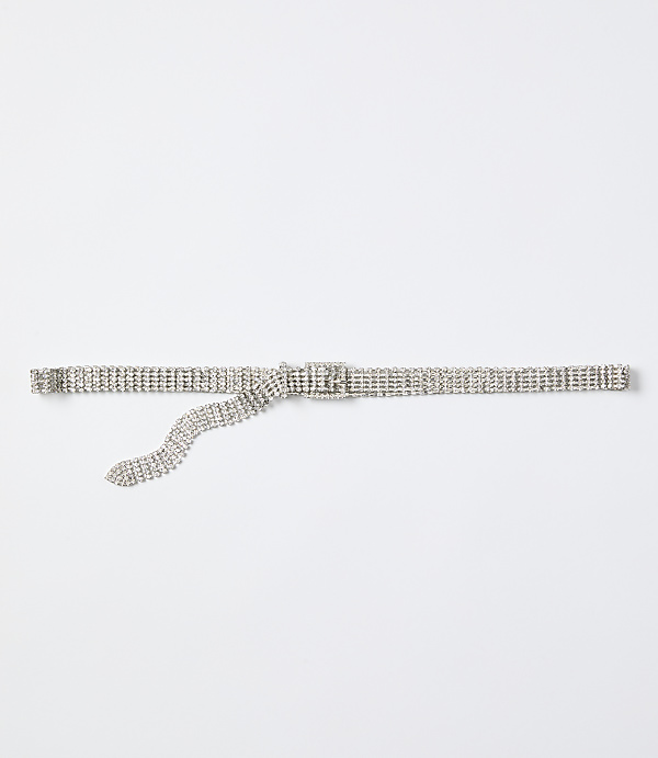 A sparkling rhinestone belt lies horizontally across a plain white background.