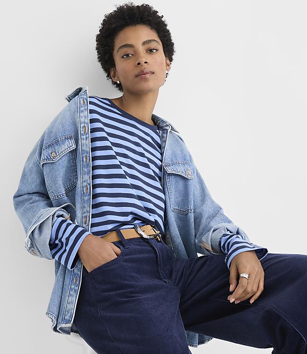 A person wearing a blue striped shirt, a denim jacket, and navy corduroy pants poses against a plain white background.