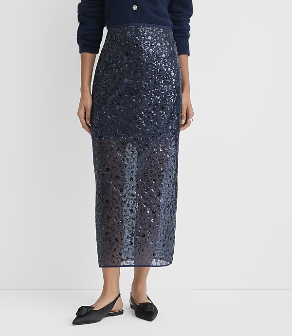 A person wears a navy blue sequined midi skirt, a dark blue cardigan, and black pointed-toe flats against a plain white background.