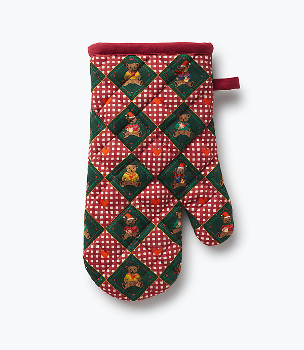 A red and green checkered oven mitt featuring teddy bears is centered against a plain white background.