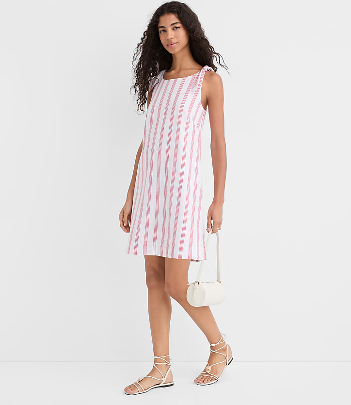 Striped Linen Cotton Tie Boatneck Mini Dress