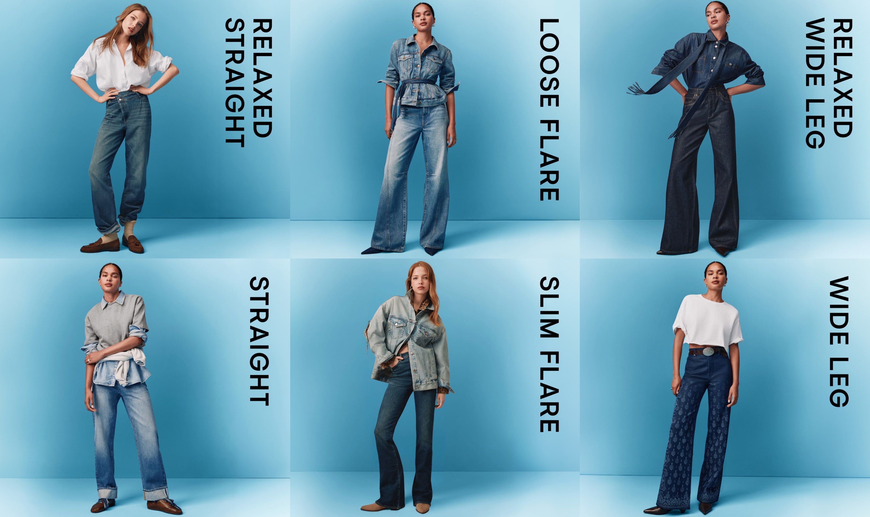 Rivete Denim leg shapes — relaxed straight, loose flare, relaxed wide leg, straight, slim flare and wide leg