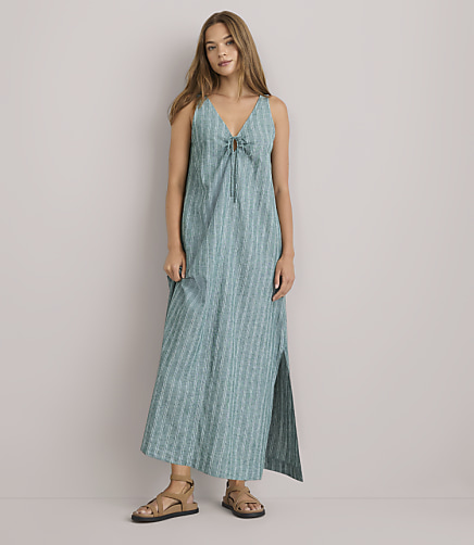 Lou & Grey Striped Linen Cotton Tie Keyhole Midi Pocket Dress