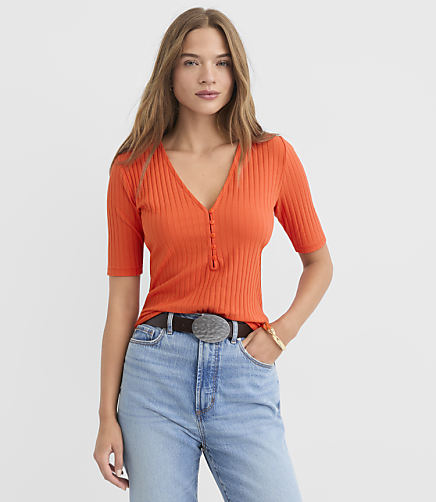Ribbed V-Neck Henley Top