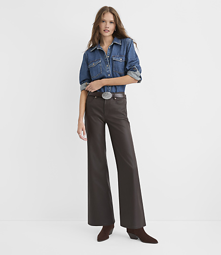 Rivete Petite Coated Mid Rise Loose Flare Jeans in Brown