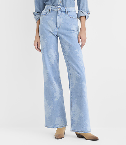 Rivete Curvy High Rise Wide Leg Jeans in Floral Lace Print Light Indigo Wash