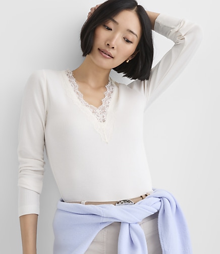 Petite Lace Trim V-Neck Perfect Ribbed Long Sleeve Tee