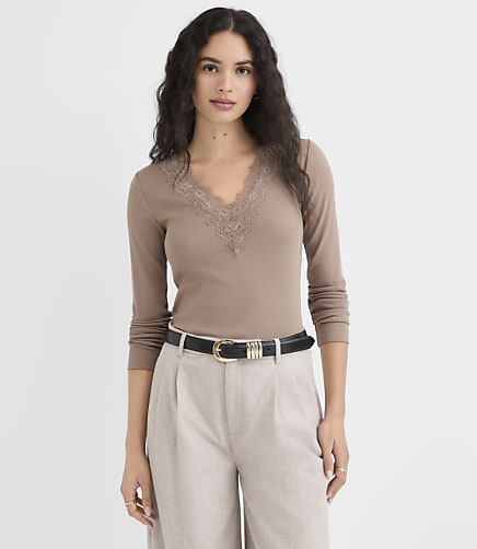Lace Trim V-Neck Perfect Ribbed Long Sleeve Tee