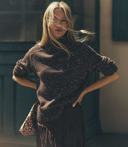 Flecked Saddle Sleeve Mock Neck Sweater