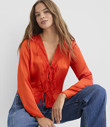 Petite Lace Trim Satin Bow Blouse