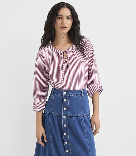 Striped Poplin Tie Neck Blouse
