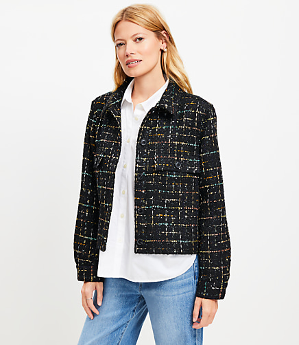 Tall Sequin Tweed Cropped Shirt Jacket - Black Multi