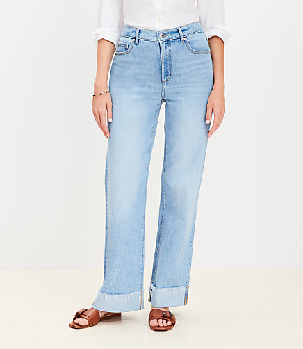 Curvy Flip Cuff High Rise Wide Leg Jeans in Light Wash