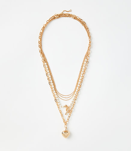 Pearlized Heart Toggle Layered Necklace Set