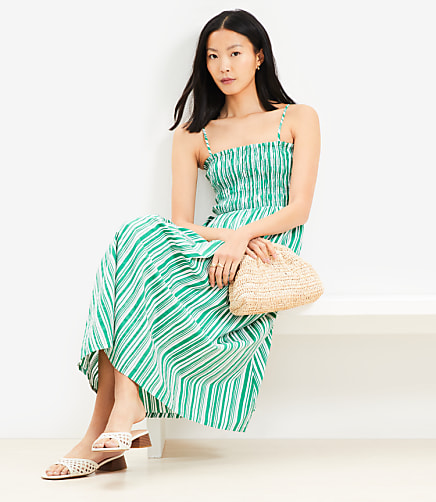 Striped Poplin Smocked Strappy Maxi Dress