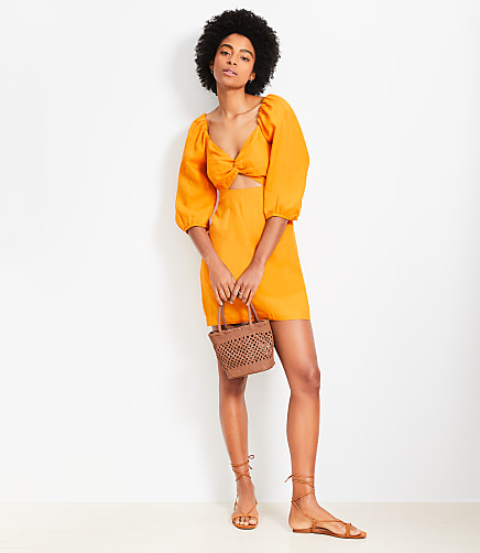 burnt orange linen dress Burnt Orange Printed Linen-Blend Lucy Midi Dress