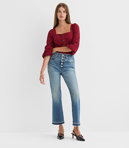 Button Front High Rise Kick Crop Jeans in Mid Vintage Wash