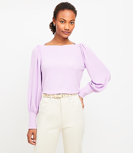 Heathered Puff Sleeve Boatneck Top
