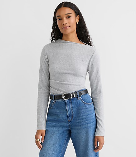 Petite Heathered Cozy Ribbed Asymmetric Neck Top