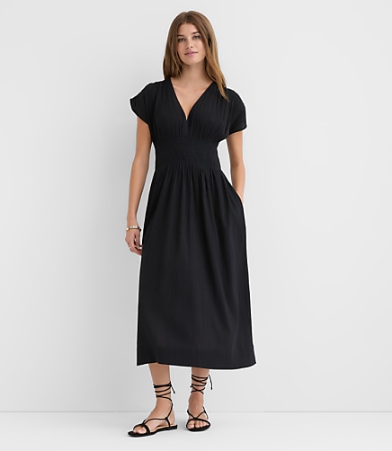 LOFT Beach Crinkle Smocked Midi Pocket Dress