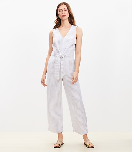 Striped Tie Front Linen Blend Jumpsuit
