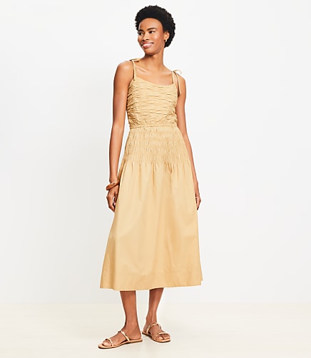 Tie Strap Smocked Poplin Midi Dress