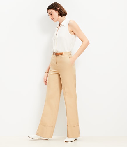 Petite Faux Leather Belted Stovepipe Pants in Twill