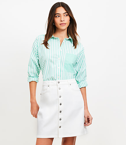 Petite Button Denim Mini Skirt in White