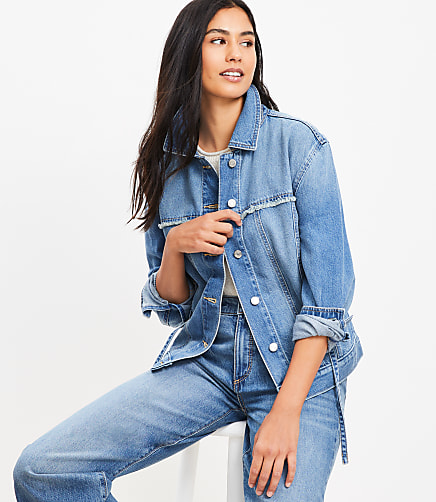Petite Tie Waist Denim Trucker Jacket in Luxe Medium Wash