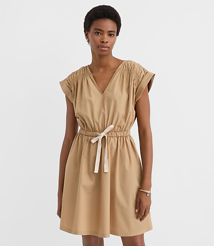 Petite Poplin Shirred Tie Waist Mini Dress