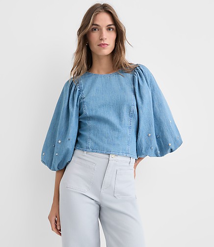 Petite Studded Chambray Puff Sleeve Blouse