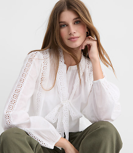 Petite Scalloped Eyelet Bow Blouse