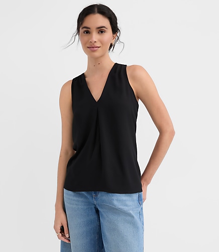 Pleated V-Neck Mixed Media Shell