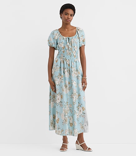 Tall Floral Ruffle Tie Neck Smocked Midi Dress