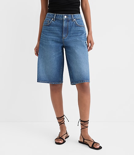 Rivete Petite Curvy High Rise Denim Bermuda Shorts in Dark Wash