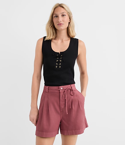 Lace Up Perfect Ribbed Scoop Neck Tank Top - Black