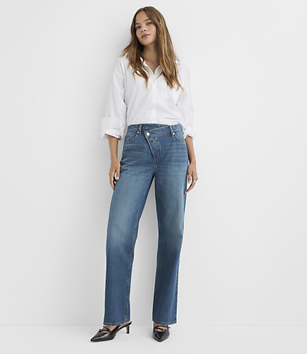 Rivete Crossover Waist Mid Rise Relaxed Straight Jeans in Vintage Distressed Wash