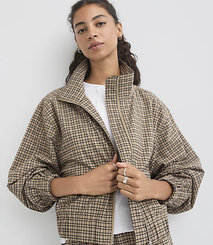 Petite Plaid Funnel Neck Bomber Jacket