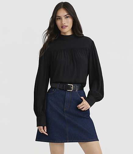 Shirred Yoke Mock Neck Blouse