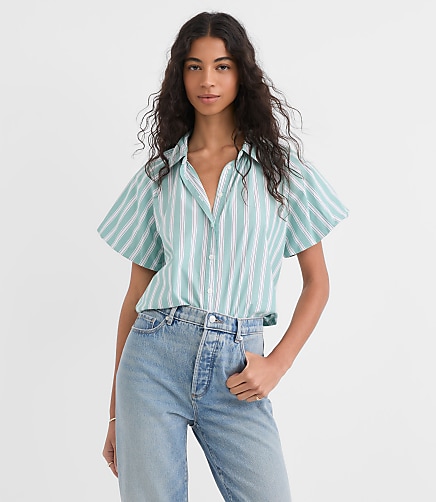 Petite Striped Poplin Bubble Sleeve Shirt