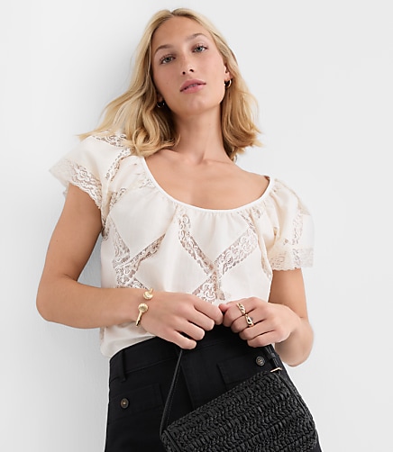 Petite Lace Lattice Flutter Sleeve Blouse