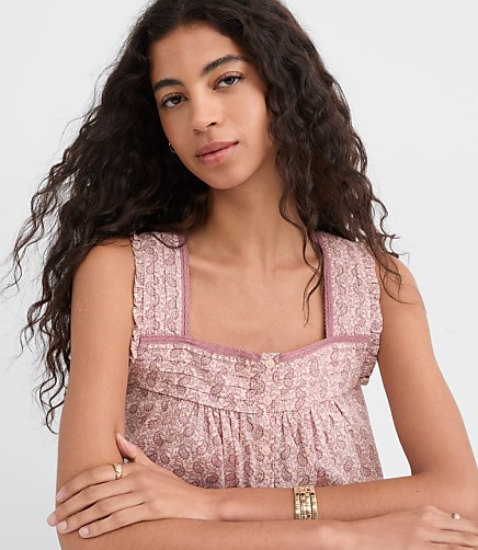Petite Paisley Pintucked Square Neck Blouse