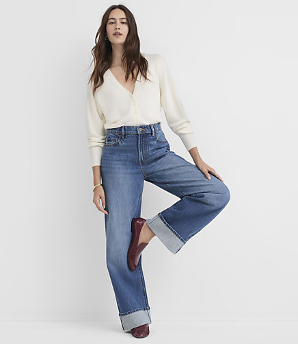 Rivete Selvedge Cuffed High Rise Wide Leg Jeans in Medium Stone Wash