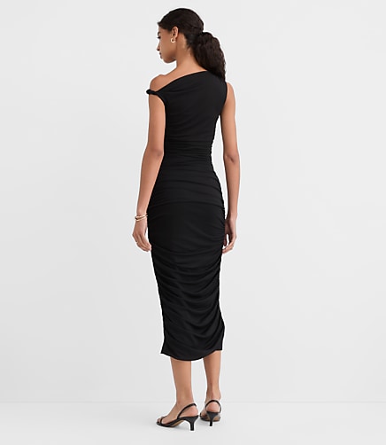 Petite Mesh Ruched One Shoulder Midi Dress
