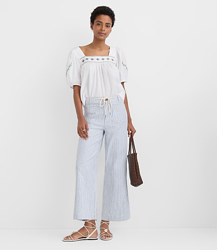 Belted Palmer Wide Leg Crop Pants in Striped Twill