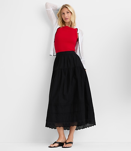 Petite Scalloped Eyelet Pintucked Maxi Skirt