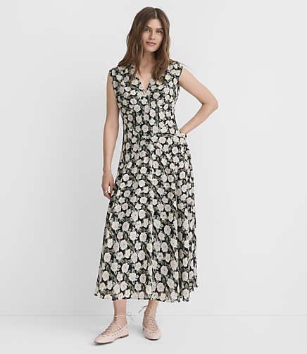 Petite Floral Topstitched V-Neck Midi Dress